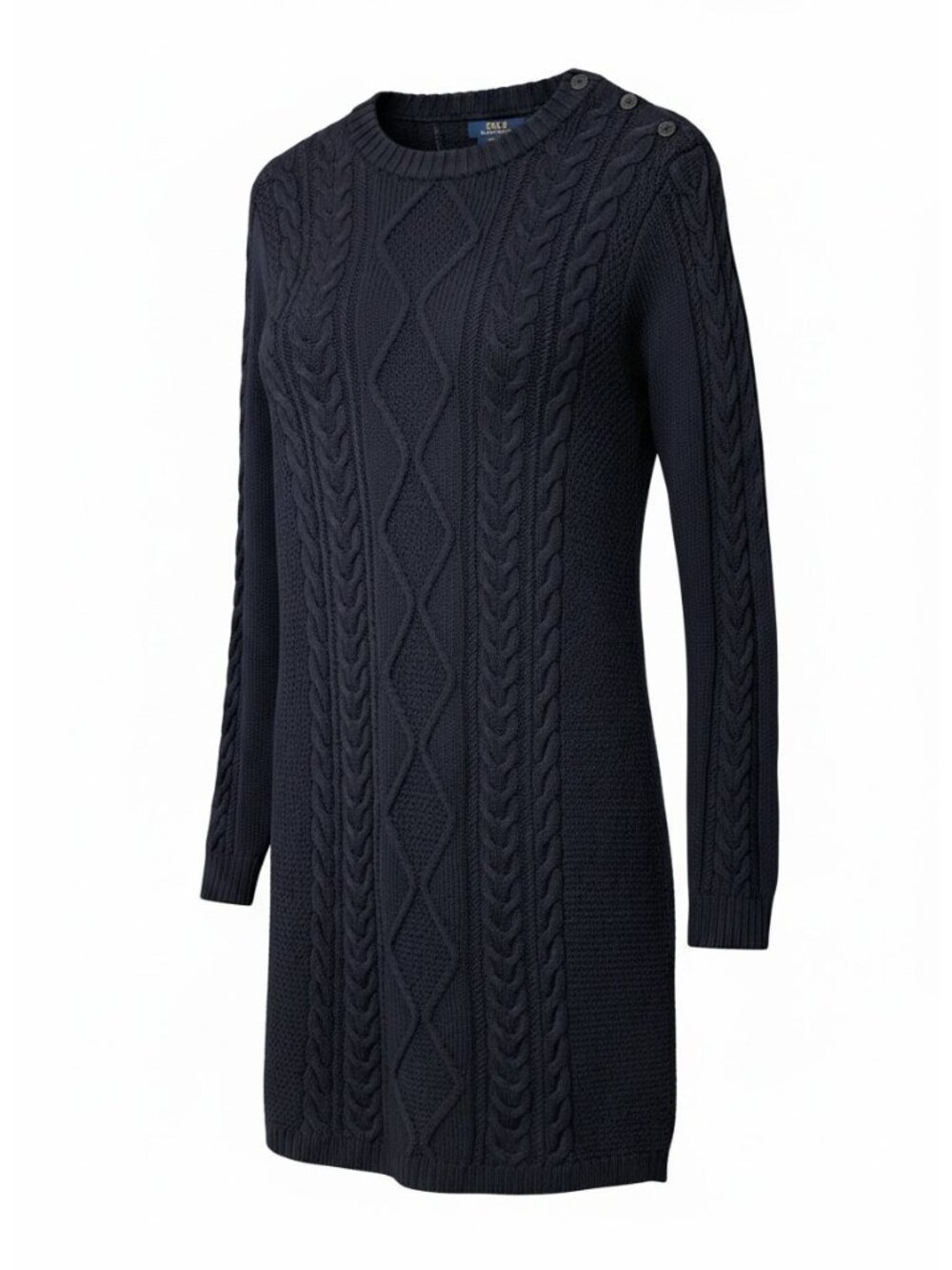 Polo Ralph Lauren Sweater Dress 100% Merino Wool Navy Blue Cable Knit Size M